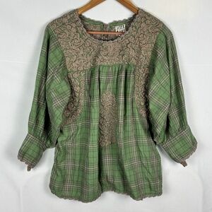 Sister Mary Womens Long Sleeve Embroidered Boho Peasant Blouse Sz S Plaid Gypsy
